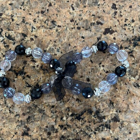 NWT Angela’s Designs black grey clear silver bead double bracelet organza bow - Picture 2 of 4